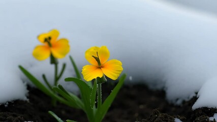 Poster - Two yellow flowers are sitting in a pot with a layer of snow on top. The flowers are small and delicate, with a bright yellow color that stands out against the white snow