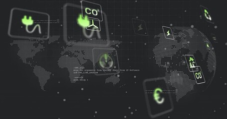 Poster - Floating energy and environmental animation icons over digital world map background