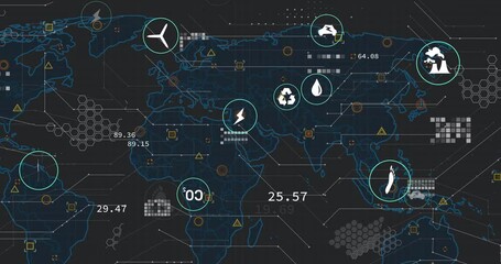 Poster - Animation of world map with energy and environmental icons highlighting data points