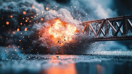 Poster - Explosion on a bridge with smoke and water,