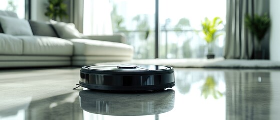 Poster - A robotic vacuum cleaner is seen cleaning the floor of a living room