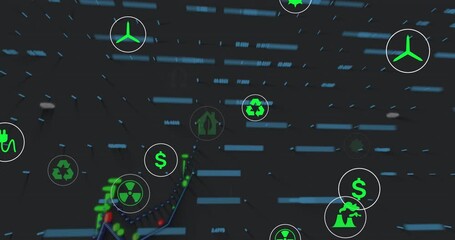 Poster - Green energy and environmental icons over digital data and graphs animation
