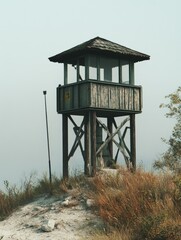 Poster - A wooden tower sits atop a hill with greenery surrounding it