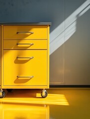 Poster - A yellow metal filing cabinet in a room setting