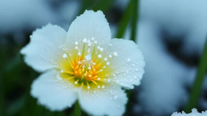 Poster - A beautiful white flower with yellow petals is covered in snow. The snow is white and covers the entire flower, giving it a serene and peaceful appearance