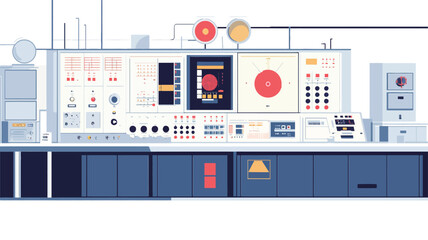A horizontally oriented illustration depicts a stylized control panel interface. The panel is predominantly dark blue and features various colored buttons, dials, and displays.? A central, larger