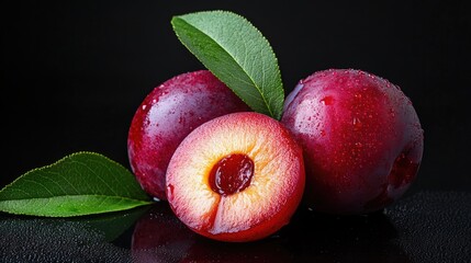 Poster - Two plums with leaves on a dark or black surface, suitable for food or still life photography