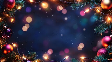 Poster - Festive Holiday Celebration with Colorful Lights and Ornaments Framing a Beautiful Dark Background