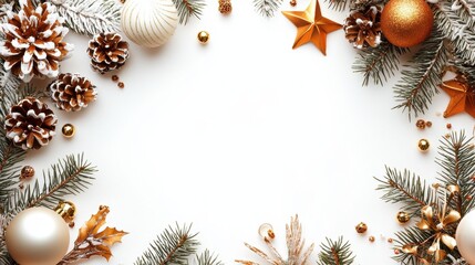 Poster - Elegant Christmas Frame with Golden Ornaments, Pine Cones, and Holiday Decor on a Soft White Background