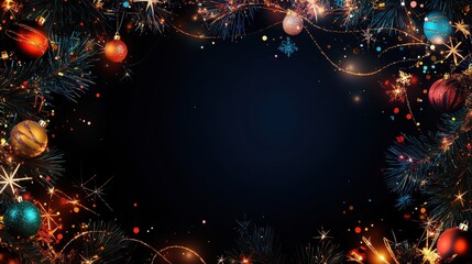 Poster - Holiday Sparkle and Joy with Vibrant Borders of Ornaments, Lights, and Festive Decorations on Dark Background