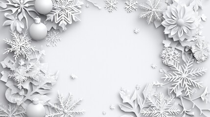 Poster - Winter Holiday Elements in White Snowflake and Floral Patterns with Decorative Ornaments on a Soft Background