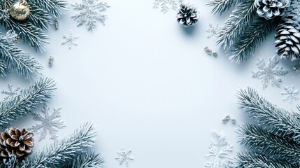 Poster - Winter Holiday Background Featuring Snowy Pine Cones, Snowflakes, and Greenery for Festive Themed Celebrations