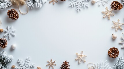 Poster - Winter Holiday Theme with Snowy Borders Featuring Pinecones and Frosty Decorations
