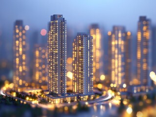Poster - A city at night with many tall buildings illuminated, a popular scene for urban themes and nighttime scenes