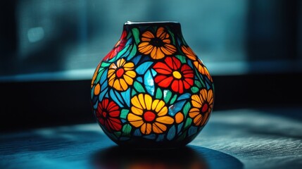 Poster - Colorful Floral Vase with Stained Glass Design in Natural Light