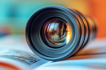 Poster - A close-up shot of a camera lens focused on the cover of a book