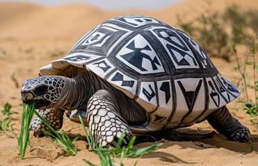 Poster - Majestic tortoise with intricate shell patterns dining on grass in a serene desert landscape, showcasing the beauty of nature's design and adaptation