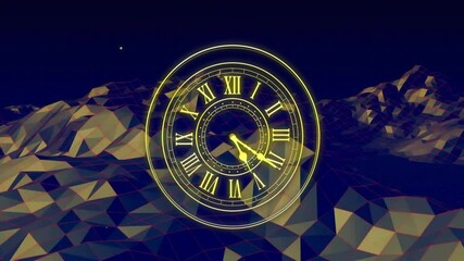 Poster - animation of glowing clock face with roman numerals over geometric landscape