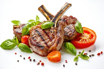Poster - Freshly prepared dish with sliced meat, tomatoes, and basil leaves