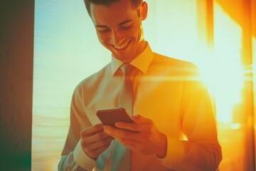 Poster - A businessman looks at his smartphone, possibly checking emails or messages