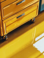 Poster - A yellow suitcase sits on a hardwood floor, waiting for its next adventure