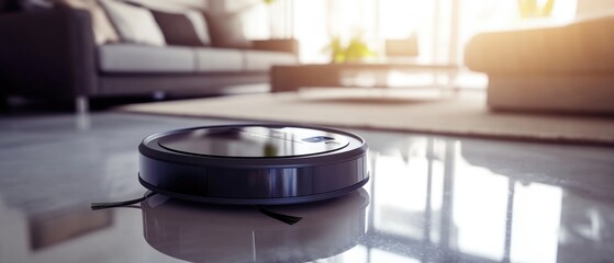 Poster - A robotic vacuum cleaner is cleaning the floor of a modern living room
