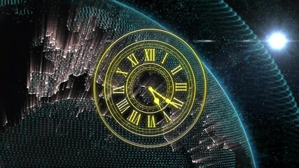 Poster - Animation of digital clock with Roman numerals over Earth in starry space