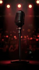 Poster - A microphone on a stand surrounded by colorful lights, perfect for music or performance settings