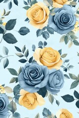 Poster - A bouquet of yellow and blue roses on a bright blue background, perfect for representing love, friendship or celebration