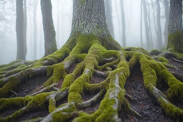 Aufkleber - Close-up view of old tree roots overgrown with lush green moss, suitable for nature and outdoor-themed designs