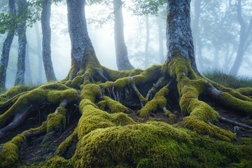 Poster - A large tree trunk covered with green moss in a dense forest environment
