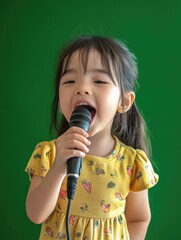 Poster - Young girl performing a song with a microphone, a classic moment of creativity and self-expression