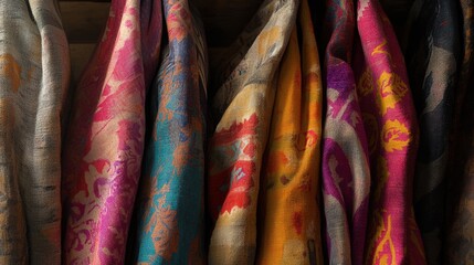 Poster - Colorful Textiles Hanging on Rack Showcase Diverse Patterns and Textures