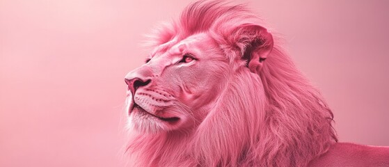 Poster - A close-up shot of a lion's face on a pink background