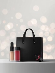 Poster - A black handbag with a pink ribbon and a bottle of nail polish