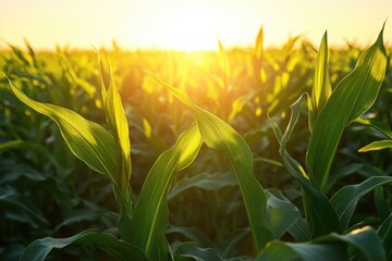 Poster - A field of corn at sunset, great for agricultural or rural-themed projects