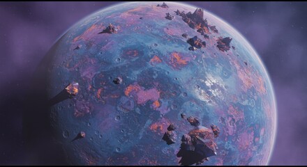 Wall Mural - generative ai alien planet with asteroid fieldscape planet asteroid space purple crater rock orbit s