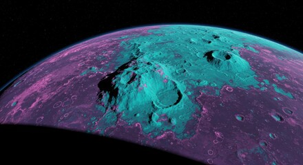 Wall Mural - generative ai alien planet landscape in pink and teal alien planet exoplanet crater mountain space s