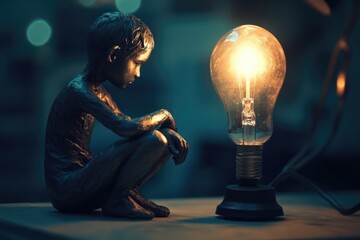 Poster - A young boy sits beside a light bulb, a curious and educational moment