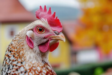 Aufkleber - A close-up shot of a chicken's head with a house visible in the background, suitable for use in agriculture-related or rural-themed contexts