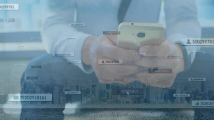 Poster - Using smartphone with digital data overlay on cityscape, person exploring animation