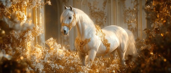 Poster - A majestic white horse stands in a field of colorful flowers