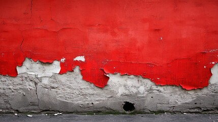 Poster - A close-up of a weathered red wall, showing peeling paint and a textured surface, with a small hole at the bottom.