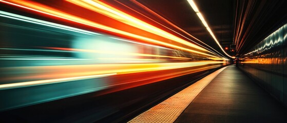 Poster - A blurry image of a train at a train station, suitable for use in travel or transportation-themed projects