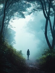 Poster - A person walks along a winding forest path