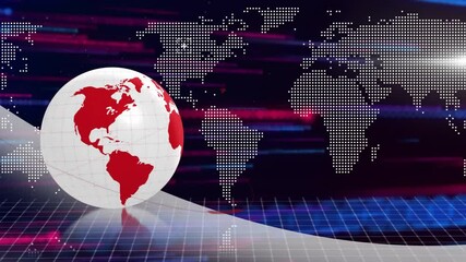 Poster - Animation of rotating globe with digital world map and colorful lines in background