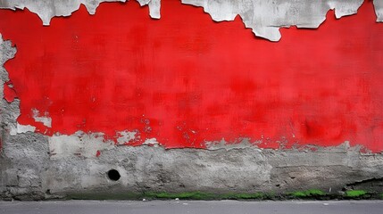 Poster - A weathered wall featuring vibrant red paint, peeling and exposing the underlying surface, creating an intriguing contrast and urban texture.