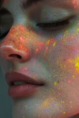 Poster - A close-up shot of a woman's face with vibrant colors applied using holi powder, often used in celebrations and festivals