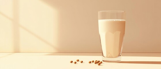 Poster - A glass of milk and some nuts placed on a table, perfect for a quick snack or breakfast