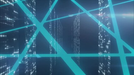 Poster - Animation of glowing lines and abstract cityscape in futuristic digital network